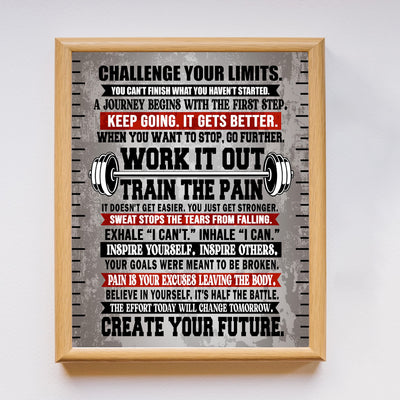 Challenge Your Limits-Work It Out Motivational Quotes Exercise Wall Sign -11 x 14" Inspirational Fitness Poster Print-Ready to Frame. Positive Home-Gym-Weight Room Decor. Great Gift of Motivation!