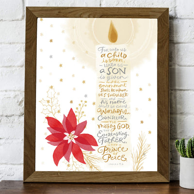 ?For Unto Us a Child Is Born-The Prince of Peace? -Isaiah 9:6 -Bible Verse Wall Art-8 x 10" -Typographic Candle Design w/Poinsettia-Ready to Frame. Scripture Print Ideal for Home-Office-Church D?cor.