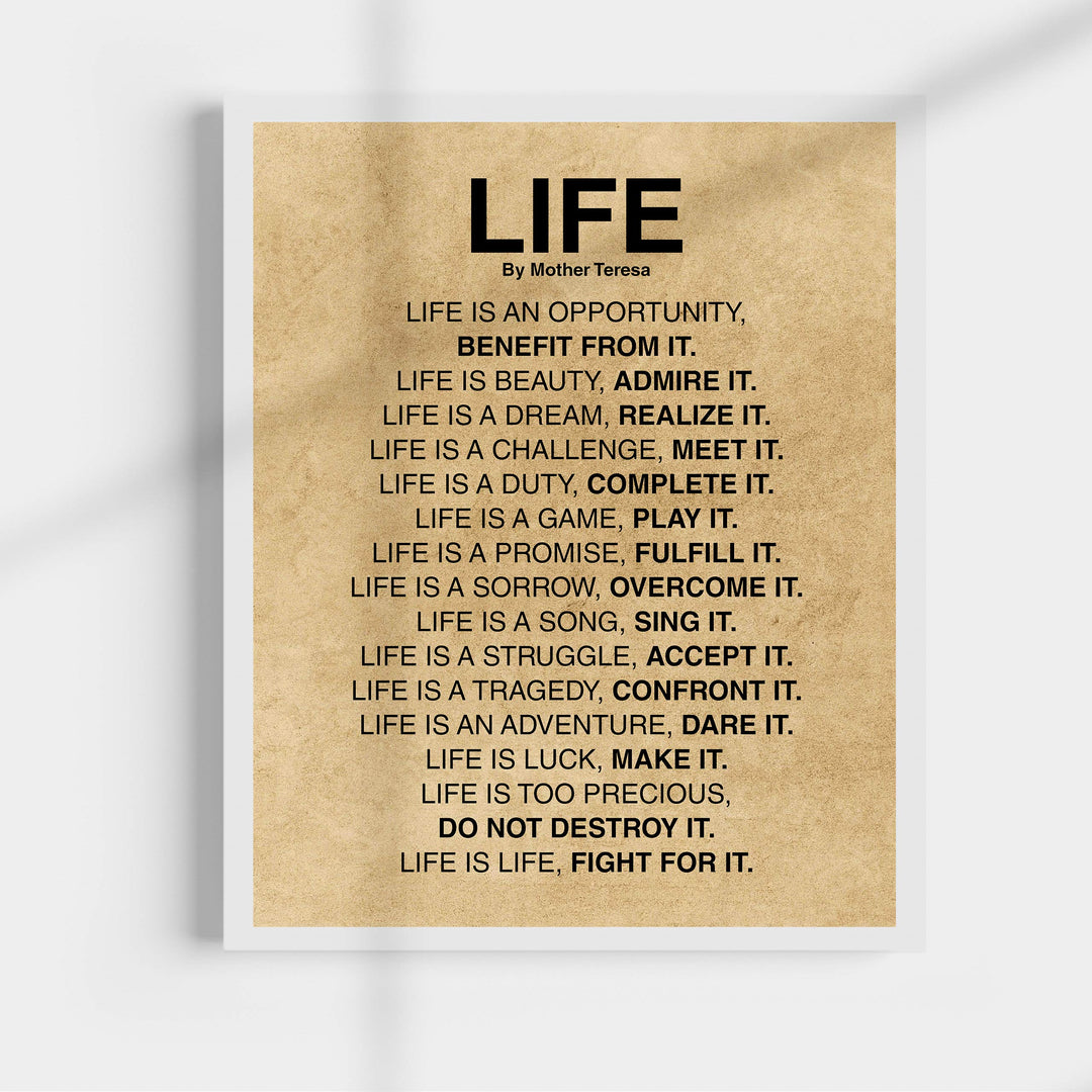Mother Teresa Quotes-"Life Is."-Inspirational Wall Art -11x14" Distressed Parchment Print-Ready to Frame. Christian Decor for Home-Studio-Office-School Decor. Perfect Life Lessons for All!