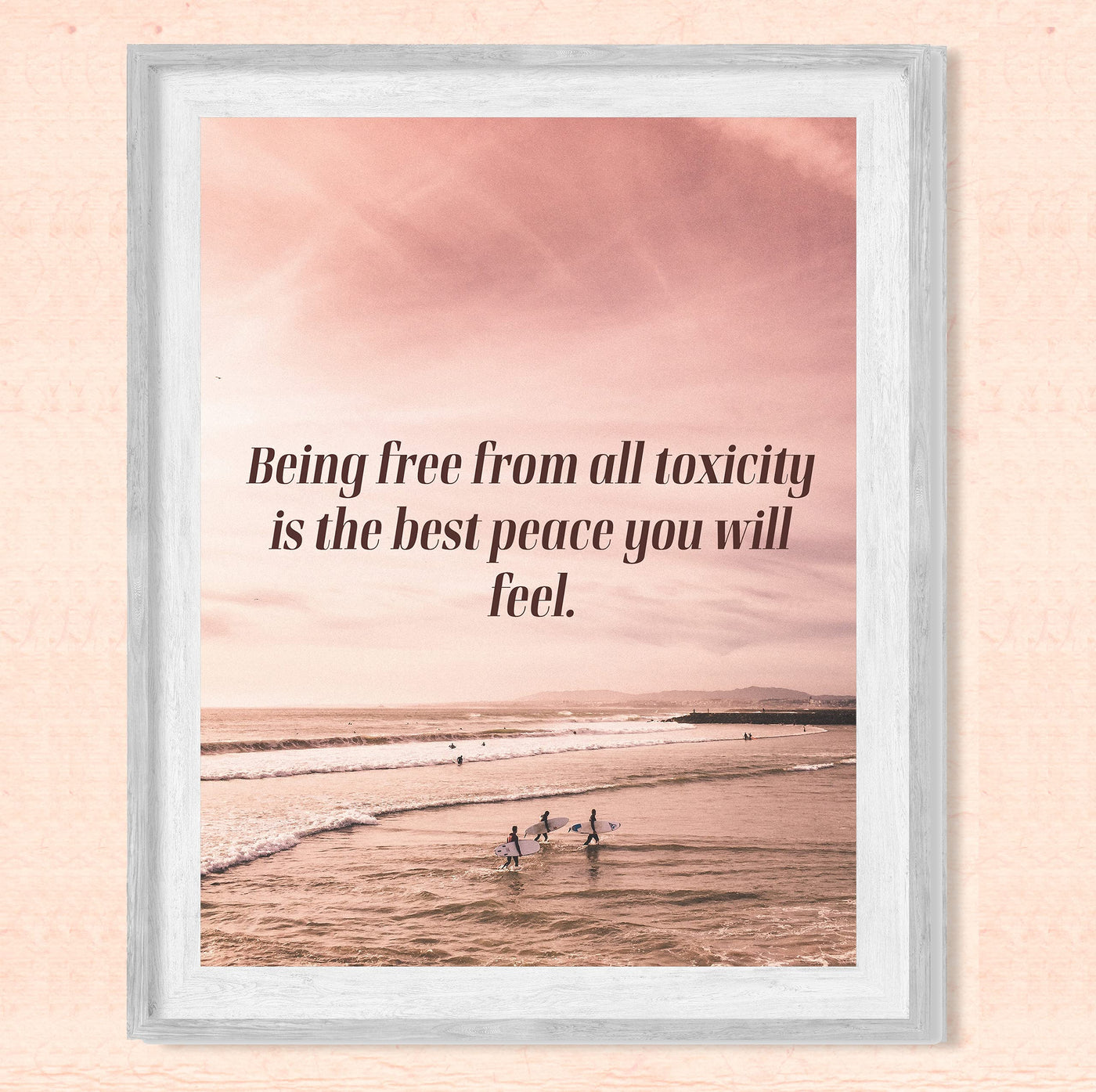 Being Free From Toxicity-Best Peace You'll Feel-Inspirational Quotes Wall Art-10 x 8"-Beach Sunset Print w/Surfers & Ocean Photo-Ready to Frame. Spiritual Home-Office-Studio Decor. Great Zen Gift!