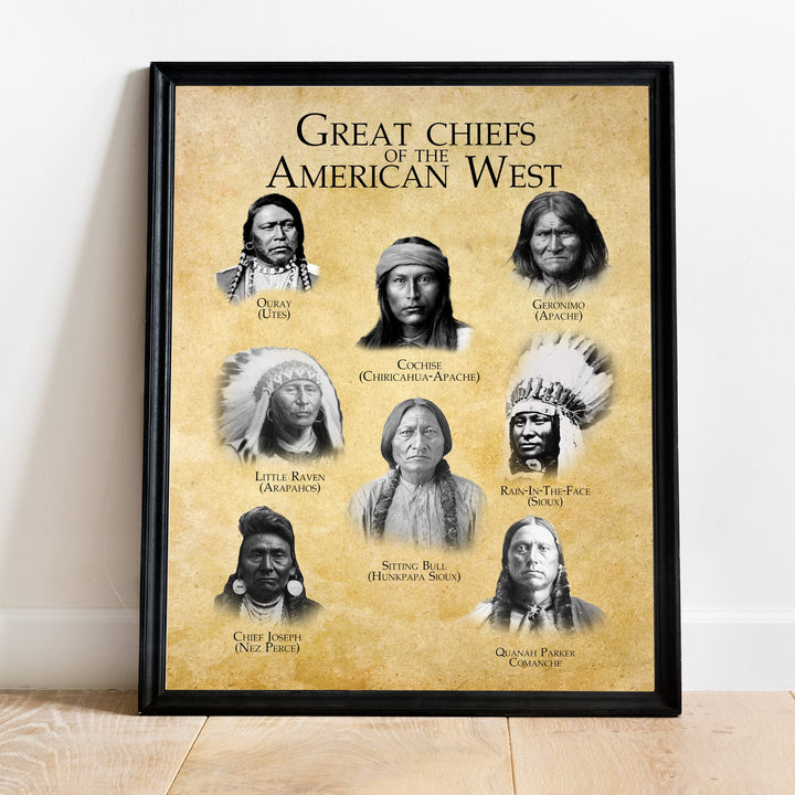 Great Chiefs of the American West Native American Indian Tribe Wall Art -11x14" Indian Chief Portrait Print -Ready to Frame. Spiritual Print w/Distressed Parchment Design. Home-Office-School Decor!
