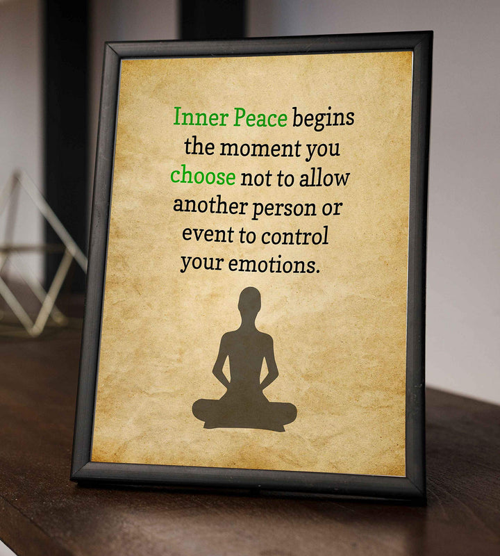 ?Inner Peace Begins?-Spiritual Wall Art -8 x 10" Distressed Parchment Print with Yoga Pose Image -Ready to Frame. Inspirational Home-Studio-Office-Meditation-Zen Decor. Perfect Life Lesson for All!