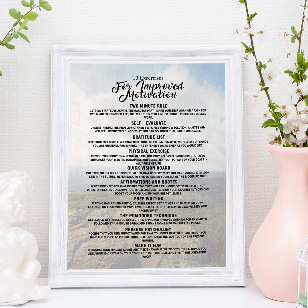 10 Exercises for Improved Motivation-11 x 14" Motivational Exercise Poster Print. Modern Inspirational Wall Art Sign- Ready to Frame. Home-Office-Gym-Studio Decor. Perfect Gift to Motivate All!