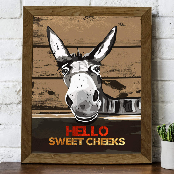 Hello Sweet Cheeks-Funny Bathroom Wall Sign -8 x 10" Country Rustic Donkey Art Print w/Replica Wood Design-Ready to Frame. Humorous Decor for Home-Office-Guest Bathroom! Printed on Photo Paper.