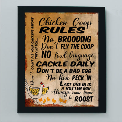 Chicken Coop Rules-Cackle Daily-Funny Farmhouse Wall Sign -8 x 10" Rustic Chicken Art Print-Ready to Frame. Retro Country Decor for Home-Kitchen-Farm-Patio. Great Gift! Printed on Photo Paper.