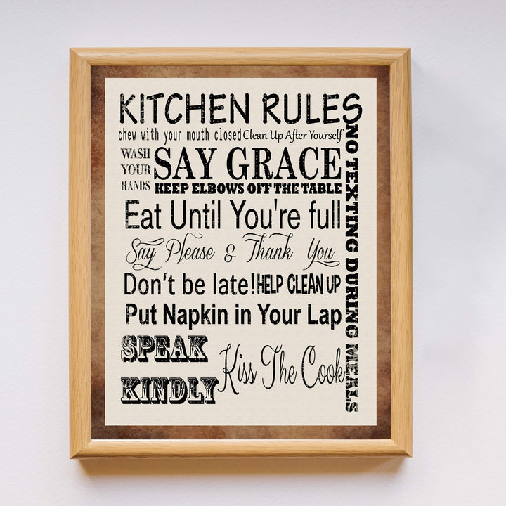 Kitchen Rules for Good Manners- Funny Kitchen Sign- 11 x 14" Humorous Typographic Wall Art Print-Ready to Frame. Perfect Home Decor &amp; Kitchen Decor. Fun Reminders to Inspire Good Table Manners!
