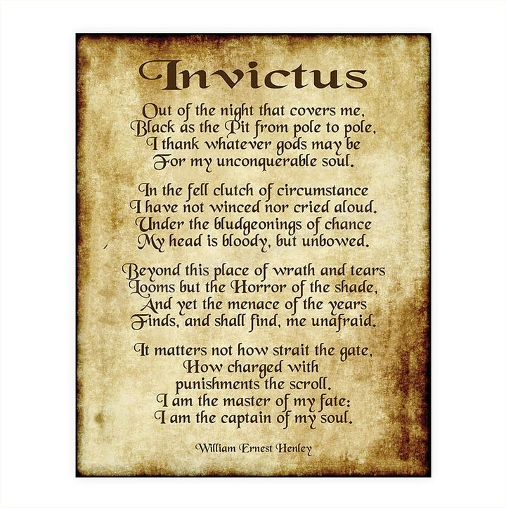 Invictus by William Henley-Poetry Wall Art- 8 x 10" Wall Print Decor. Scripted Font Poem on Replica Distressed Parchment Print-Ready To Frame. Home-Bedroom-Office Decor. Great Gift for Poetry Fans!