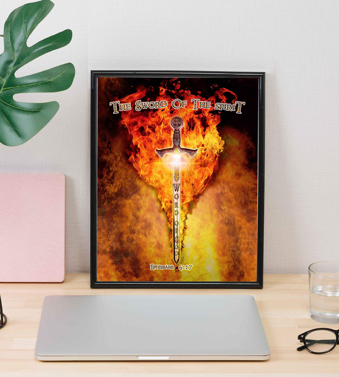 The Sword of the Spirit-Word of God-Ephesians 6:17-Bible Verse Wall Art-8 x 10"-Ready to Frame. Scripture Wall Print w/Replica Metal Sword &amp; Fire. Home-Office-Church D?cor. Perfect Christian Gift!