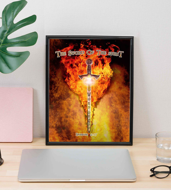 The Sword of the Spirit-Word of God-Ephesians 6:17-Bible Verse Wall Art-8 x 10"-Ready to Frame. Scripture Wall Print w/Replica Metal Sword &amp; Fire. Home-Office-Church D?cor. Perfect Christian Gift!