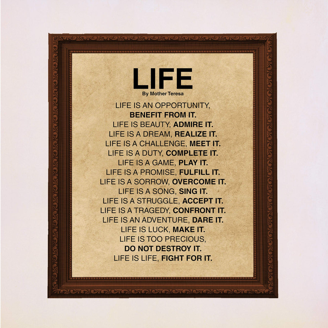 Mother Teresa Quotes-"Life Is."-Inspirational Wall Art -11x14" Distressed Parchment Print-Ready to Frame. Christian Decor for Home-Studio-Office-School Decor. Perfect Life Lessons for All!