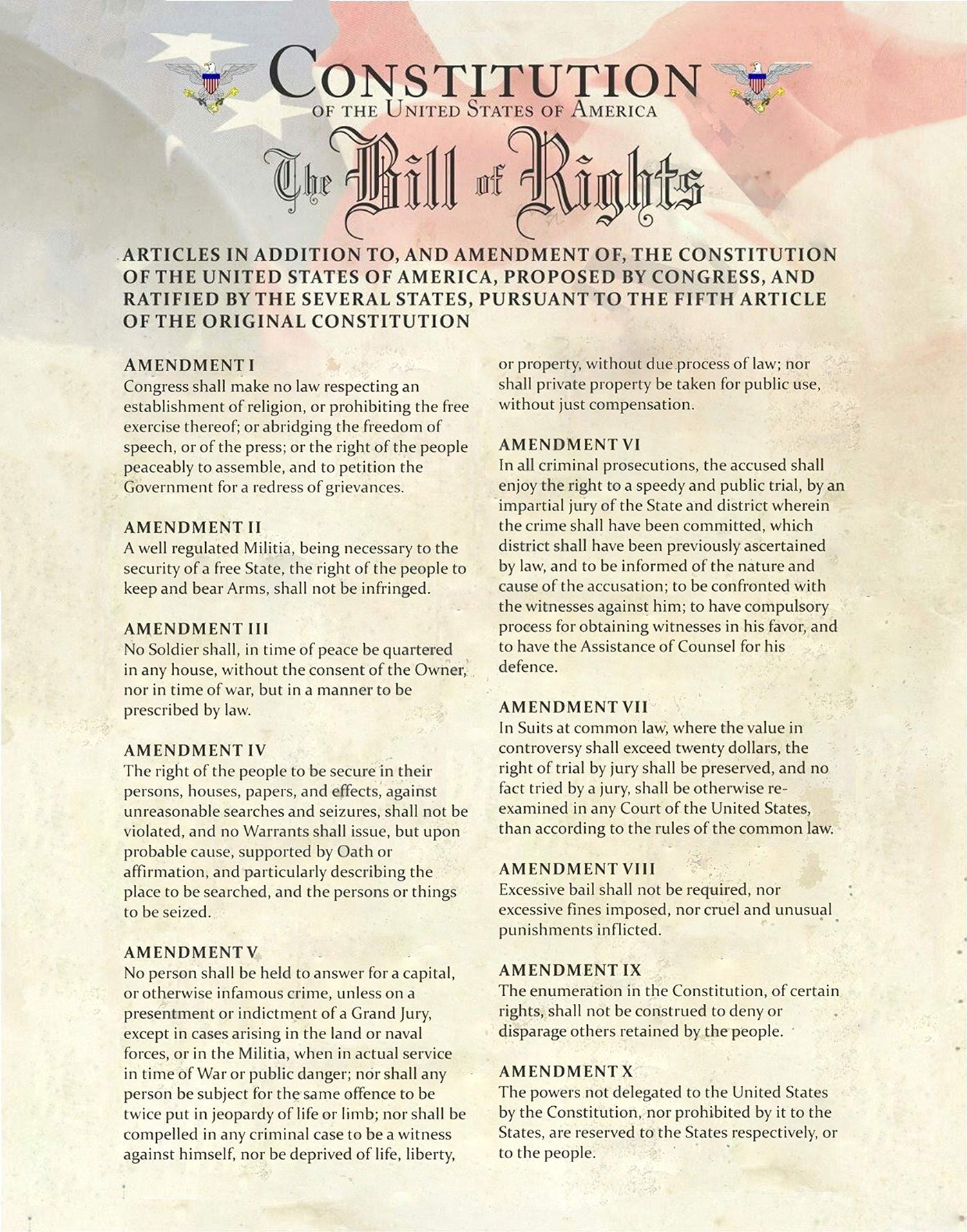 Bill of Rights & Constitution of United States of America-set of (2) -11 x 14" Patriotic Wall Prints-Ready To Frame. Ivory Parchment Replica w/Flag. American Home-Office-School-Library Decor.