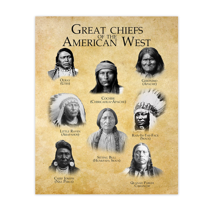 Great Chiefs of the American West Native American Indian Tribe Wall Art -11x14" Indian Chief Portrait Print -Ready to Frame. Spiritual Print w/Distressed Parchment Design. Home-Office-School Decor!