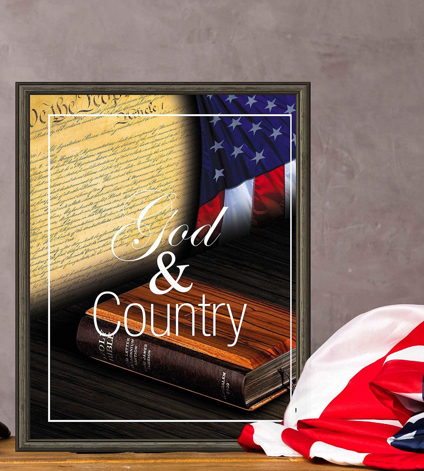 God and Country- 8 x 10" Wall Decor Image-Ready To Frame. Pro-American Poster Print with Flag-Bible-Constitution. Patriotic Decor for Home-Office-Garage-Bar. Show Your Love of God and USA!