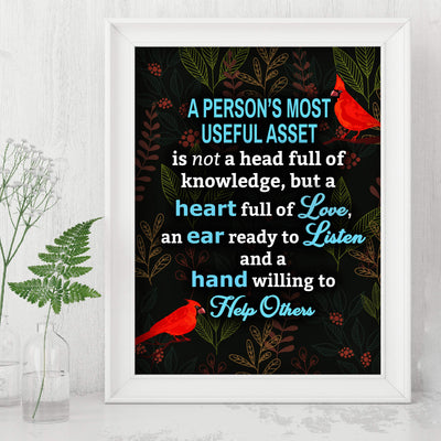 A Person's Most Useful Asset Inspirational Quotes Wall Art -8 x 10" Abstract Floral Print w/Cardinal Birds-Ready to Frame. Positive Home-Office-School-Dorm Decor. Great Motivational Gift!