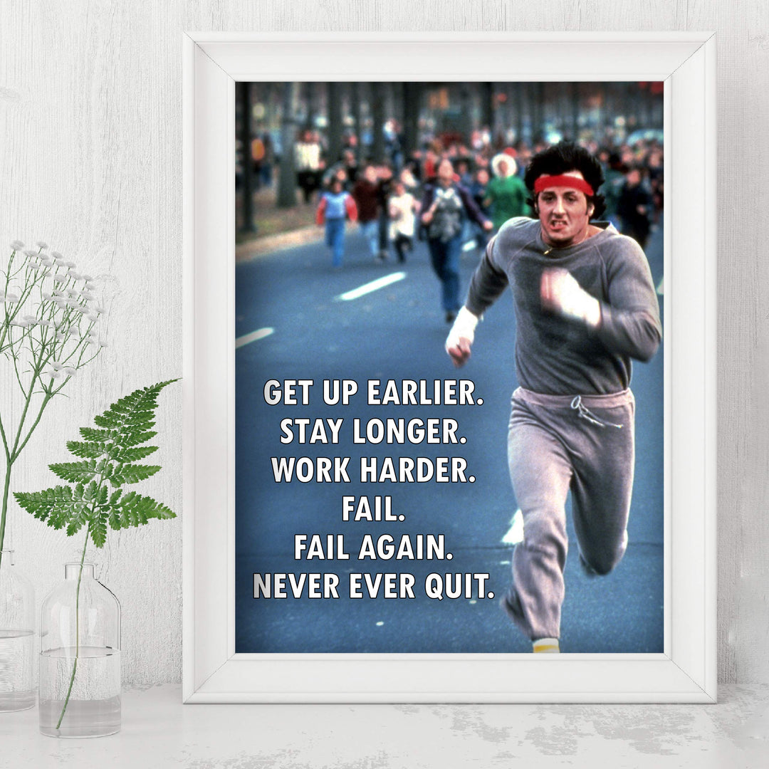Work Harder-Never Ever Quit-Motivational Exercise Wall Decor -8 x 10" Fitness Print-Ready to Frame. Inspirational Home-Office-Gym-Studio Decor. Great Gift of Motivation! Perfect for Stallone Fans!