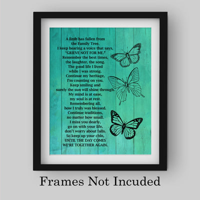 "A Limb Has Fallen From the Family Tree" Inspirational Memorial Wall Art -8 x10" Loving Sympathy Butterfly Print -Ready to Frame. Home-Office-Spiritual-Christian Decor. Gift of Remembrance!