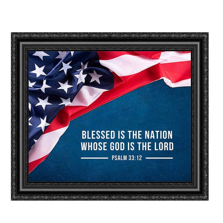 Psalm 33:12-"Blessed Is the Nation Whose God Is the Lord"-Bible Verse Wall Art -10 x 8" American Flag Scripture Print-Ready to Frame. Inspirational Home-Office-Church-Christian-Patriotic Decor.