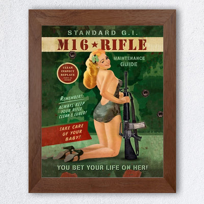 Standard GI M-16 Maintenance Guide- Vintage Art Print- 8 x10" Military Pinup Girl Wall Decor- Ready To Frame. Great Mens Gift- Retro Home Decor- Office Decor. Great for Man Cave- Bar- Garage- Shop.