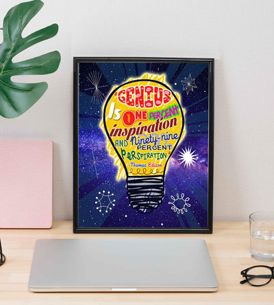 Thomas Edison-"Genius-1% Inspiration-99% Perspiration"-Motivational Quotes Wall Sign-8 x 10" Starry Night Print w/Artistic Light Bulb Image-Ready To Frame. Inspirational Home-Office-Classroom Decor!