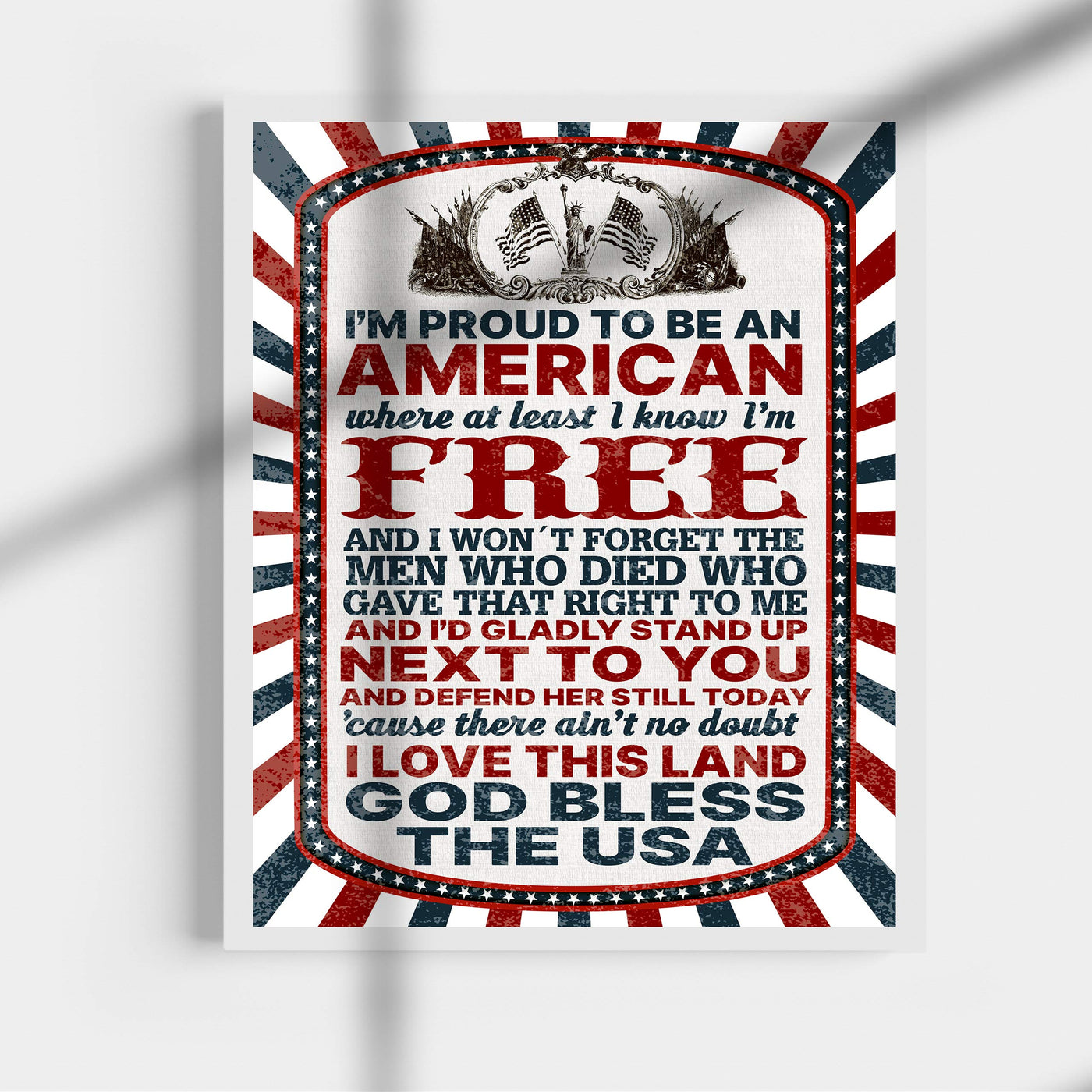 I'm Proud to Be An American-Patriotic Song Art Wall Decor -11 x 14" God Bless the USA Lyrics Print-Ready to Frame. Inspirational Home-Office-School-Garage-Cave Decor. Display Your Patriotism!