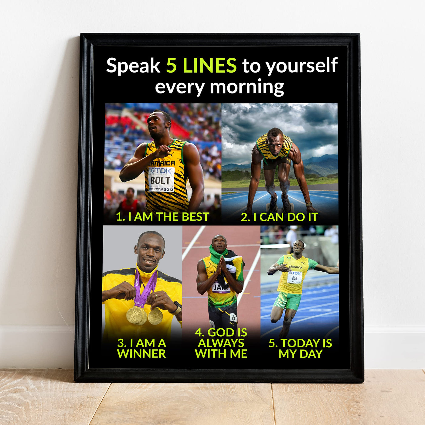 Usain Bolt Quotes-"Speak 5 Lines to Yourself Every Morning"-Motivational Wall Art-11 x 14" Inspirational Track & Field Photo Print-Ready to Frame. Home-School-Gym-Locker Room Decor. Inspire Your Team!