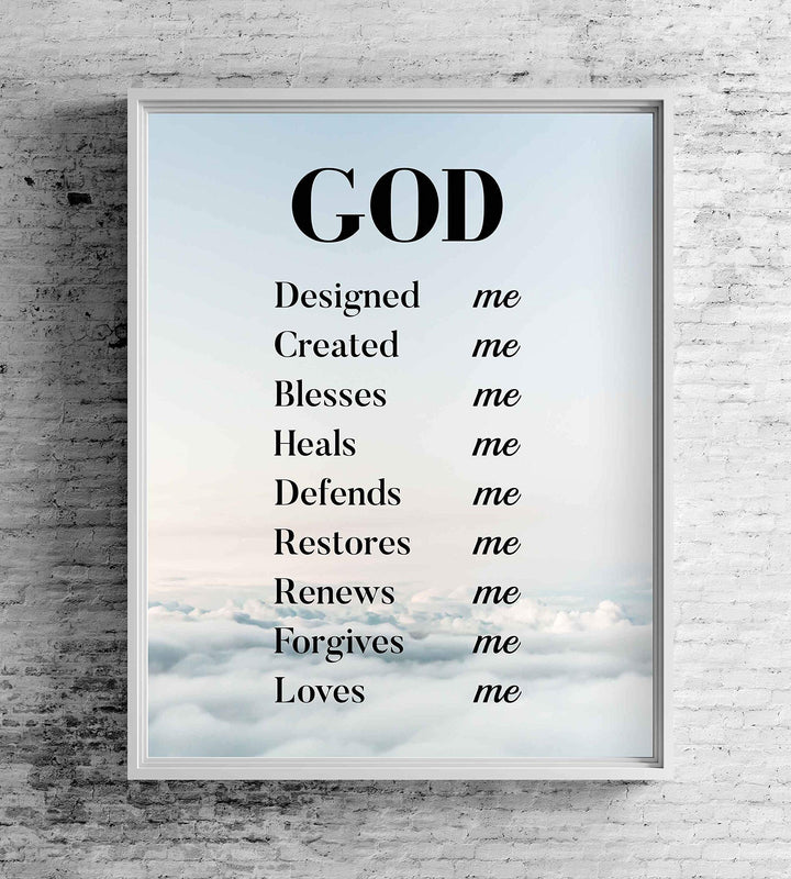 God Created-Blesses-Restores-Loves Me-Spiritual Wall Art-8 x 10" Modern Typographic Poster Print-Ready to Frame. Inspirational Home-Office-Church D?cor. Great Christian Gift of God&