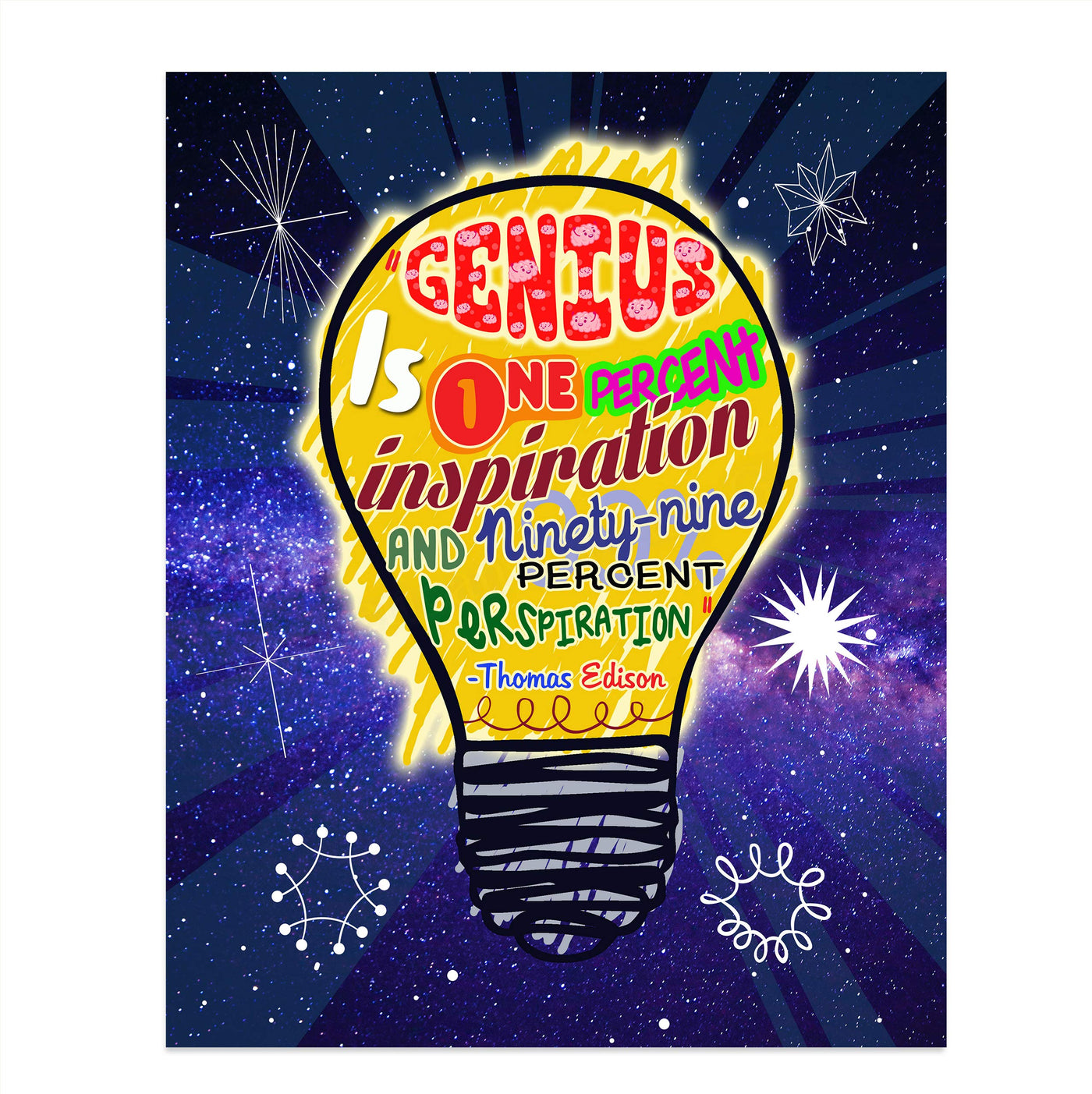 Thomas Edison-"Genius-1% Inspiration-99% Perspiration"-Motivational Quotes Wall Sign-8 x 10" Starry Night Print w/Artistic Light Bulb Image-Ready To Frame. Inspirational Home-Office-Classroom Decor!