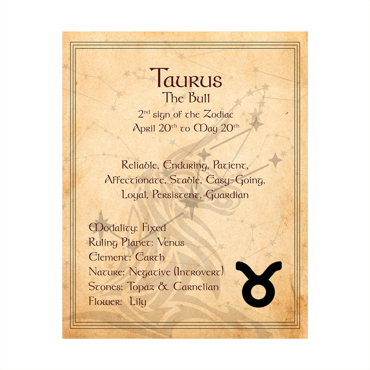 Taurus -The Bull- Zodiac Sign Wall Art. 8 x 10" Print Wall Print-Ready to Frame. Constellation Design-Astrology Decor for Home-Office-Bedroom. Horoscope&