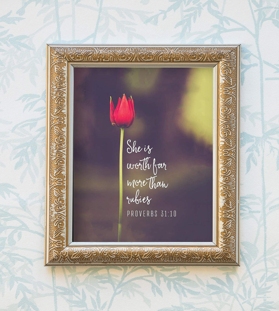 She Is Worth More Than Rubies- Proverbs 31:10 Bible Verse Wall Art- 8x10-Scripture Wall Print-Ready to Frame. Inspirational Home-Office-Church Decor. Perfect Christian Gift For That Special Woman.