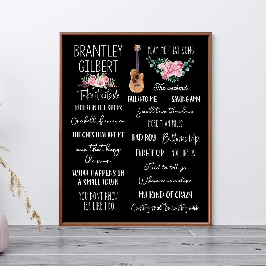 Brantley Gilbert-Song Titles Wall Art Sign -11 x 14" Country Music Poster Print w/Guitar Image-Ready to Frame. Rustic Decor for Home-Studio-Bar-Dorm-Cave. Great Gift for Brantley Gilbert Fans!
