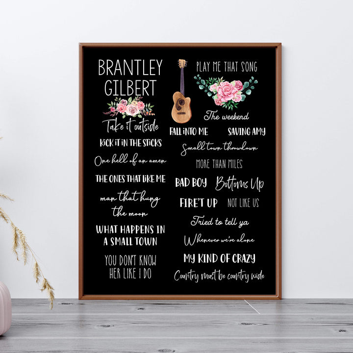 Brantley Gilbert-Song Titles Wall Art Sign -11 x 14" Country Music Poster Print w/Guitar Image-Ready to Frame. Rustic Decor for Home-Studio-Bar-Dorm-Cave. Great Gift for Brantley Gilbert Fans!