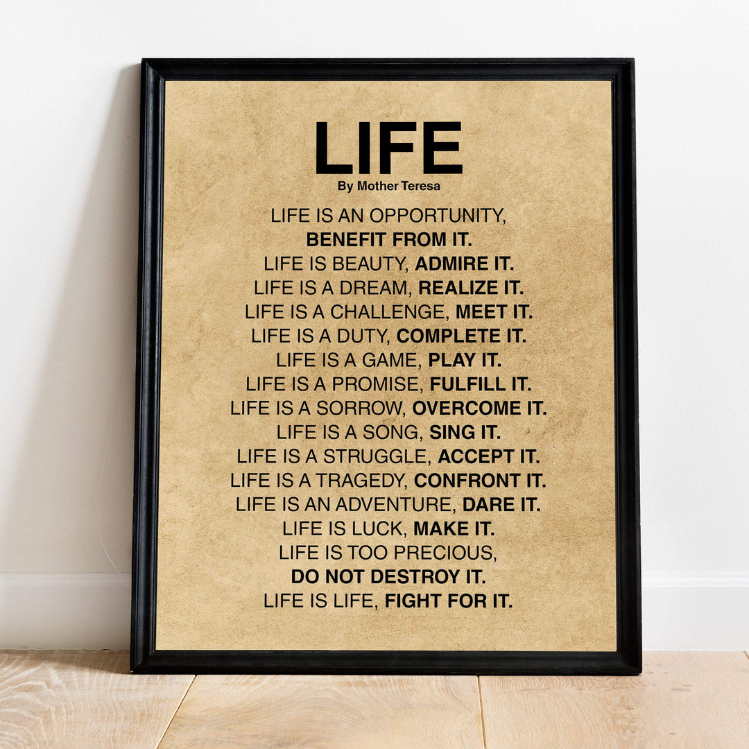 Mother Teresa Quotes-"Life Is."-Inspirational Wall Art -11x14" Distressed Parchment Print-Ready to Frame. Christian Decor for Home-Studio-Office-School Decor. Perfect Life Lessons for All!