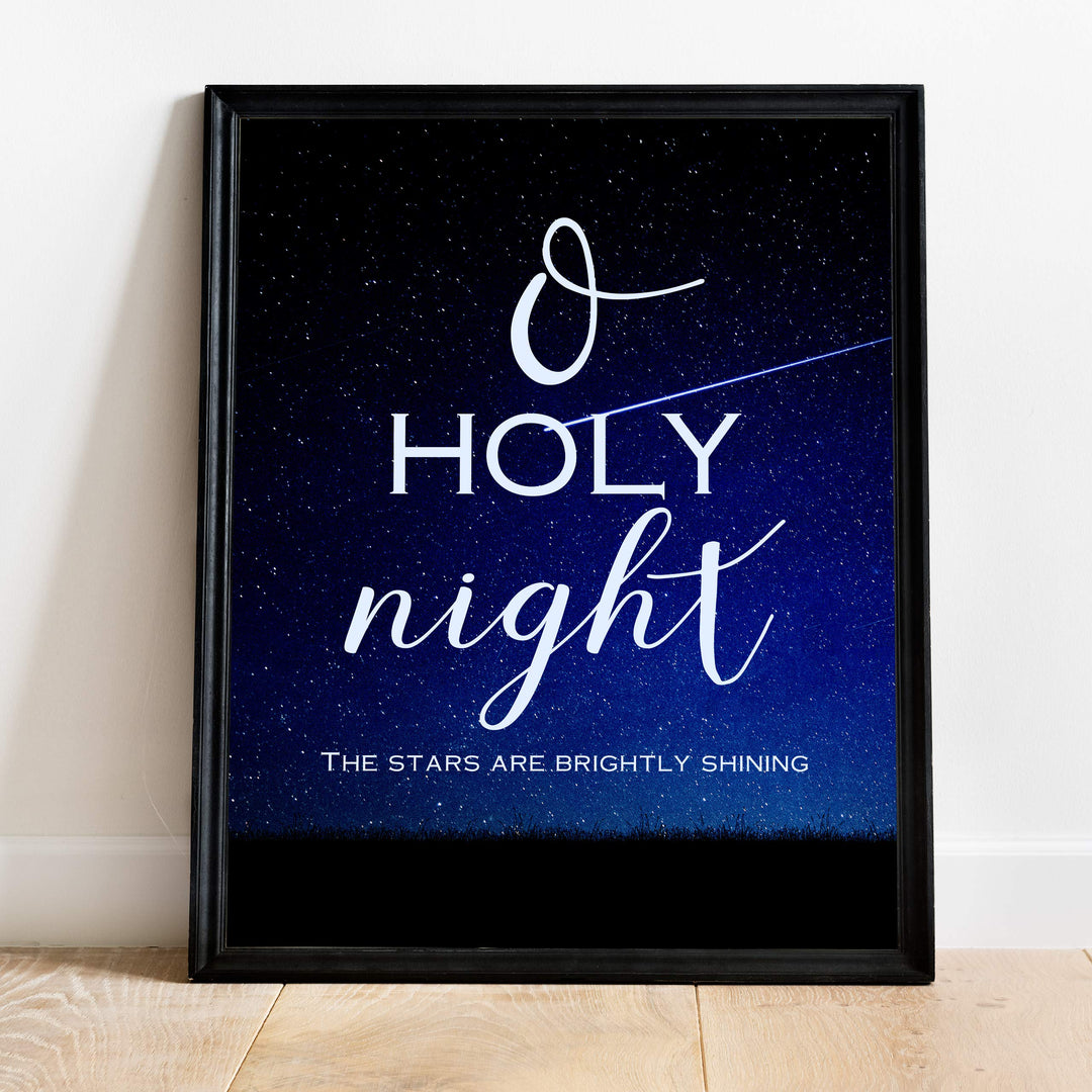 O Holy Night Christmas Song Wall Art -11 x 14" Christian Holiday Poster Print-Ready to Frame. Typographic w/Starry Night Design. Home-Welcome-Kitchen-Farmhouse Decor. Great Religious Gift!