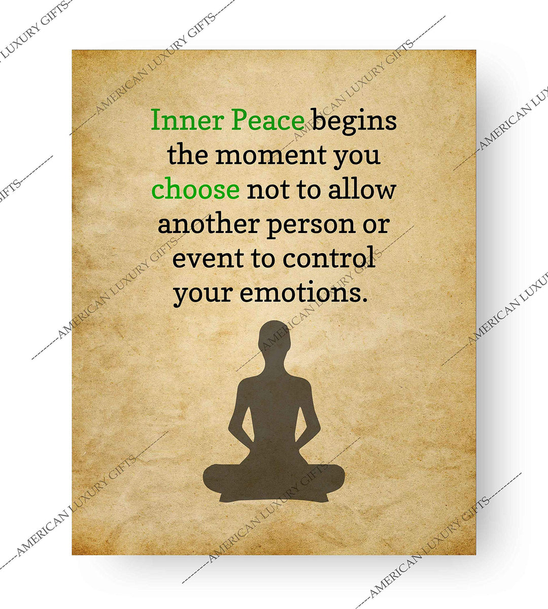 ?Inner Peace Begins?-Spiritual Wall Art -8 x 10" Distressed Parchment Print with Yoga Pose Image -Ready to Frame. Inspirational Home-Studio-Office-Meditation-Zen Decor. Perfect Life Lesson for All!