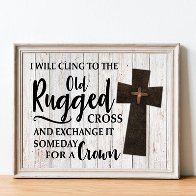 I Will Cling to the Old Rugged Cross Praise Hymns Wall Art -14 x 11" Christian Worship Music Cross Print w/Replica Wood Design-Ready to Frame. Classic Hymn for Home-Office-Studio-Church Decor!