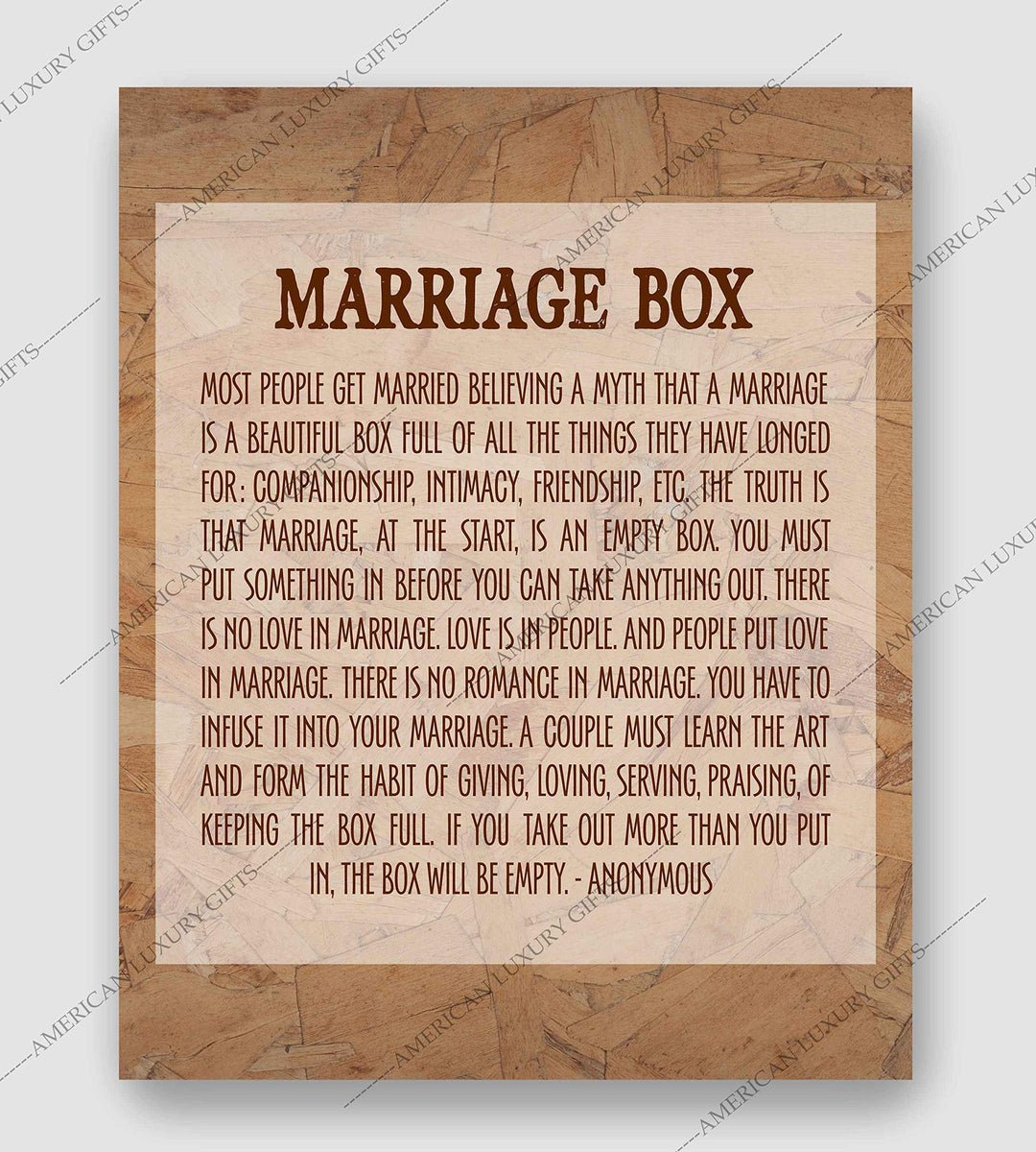 Marriage Box-Inspirational Wall Art- 8 x 10" Typographic Poster Print-Ready to Frame. Ideal Home-Bridal Shower-Wedding Decor. Great Engagement Gift. Perfect Advice for Newlyweds-Spouses-Partners!