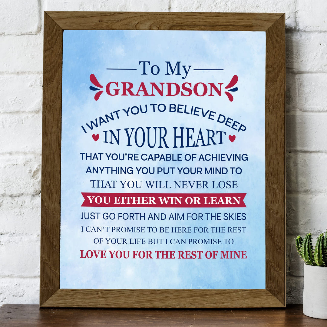 "To My Grandson - Win or Learn" Inspirational Love &amp; Family Wall Decor -8 x 10" Rustic Typographic Art Print -Ready to Frame. Home-Living Room-Office Decoration. Perfect Gift for Grandsons!