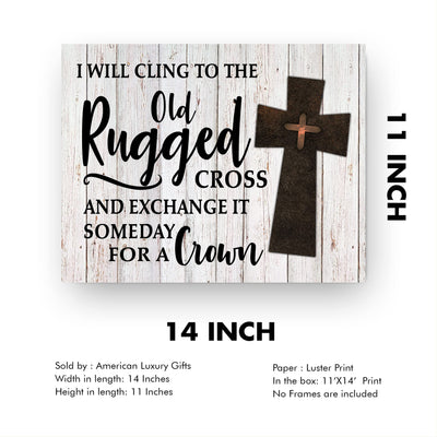 I Will Cling to the Old Rugged Cross Praise Hymns Wall Art -14 x 11" Christian Worship Music Cross Print w/Replica Wood Design-Ready to Frame. Classic Hymn for Home-Office-Studio-Church Decor!