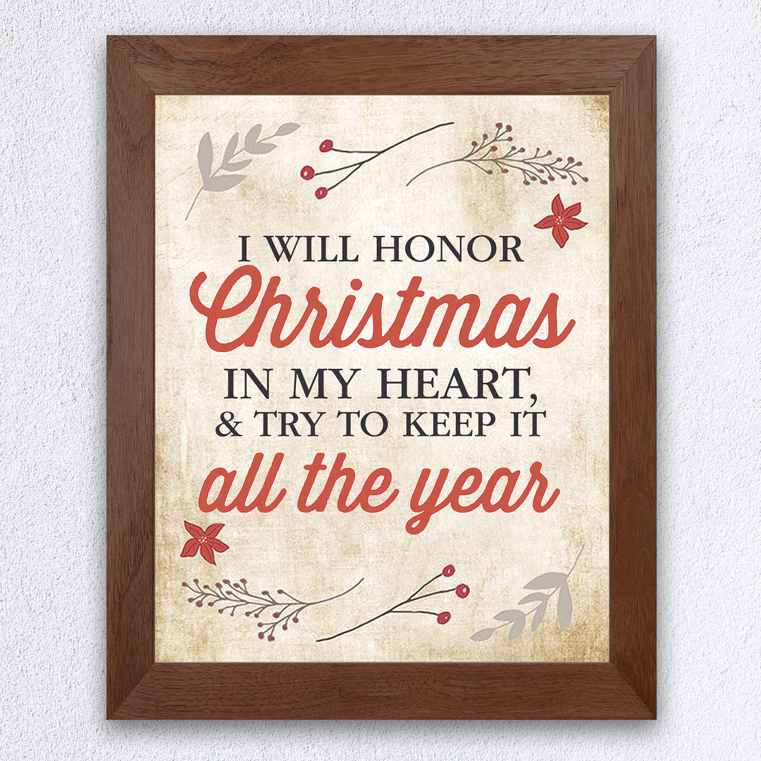 I Will Honor Christmas In My Heart Inspirational Holiday Wall Art -8 x 10" Christmas Carol Quote Print-Ready to Frame. Festive Home-Welcome-Farmhouse-Winter Decor. Great Gift for Dickens Fans!