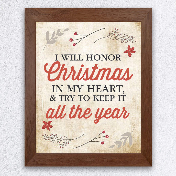 I Will Honor Christmas In My Heart Inspirational Holiday Wall Art -8 x 10" Christmas Carol Quote Print-Ready to Frame. Festive Home-Welcome-Farmhouse-Winter Decor. Great Gift for Dickens Fans!