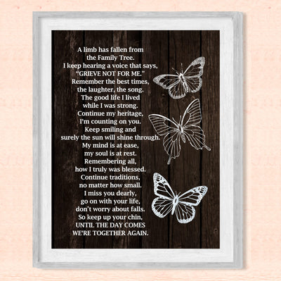 "A Limb Has Fallen From the Family Tree" Inspirational Memorial Wall Art -8 x10" Loving Sympathy Butterfly Print -Ready to Frame. Home-Office-Spiritual-Christian Decor. Gift of Remembrance!