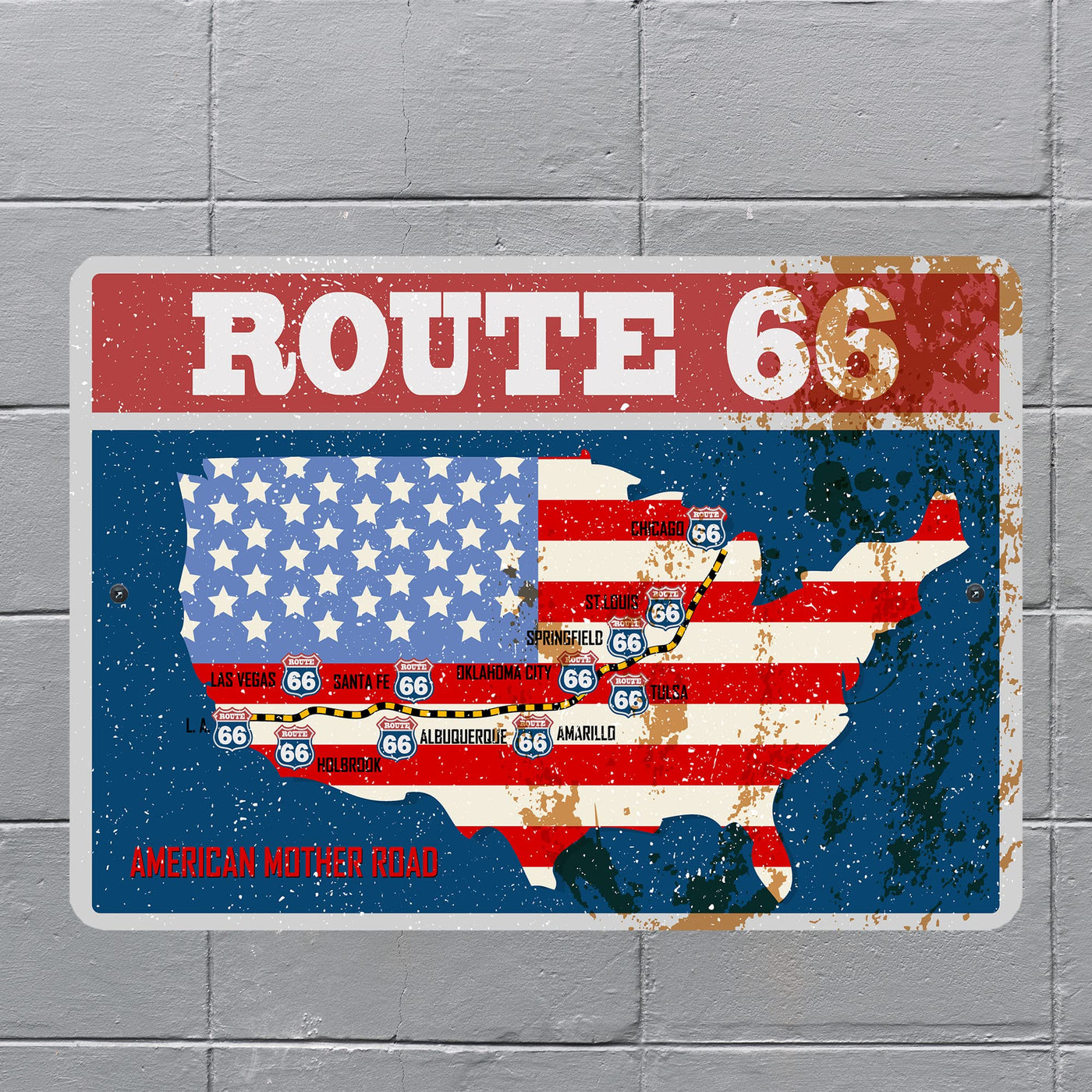 Route 66 Metal Wall Art Vintage Road Sign -12 x 8" Rustic American Flag USA Sign for Garage, Shop, Bar, Man Cave - Retro Tin Sign -Great for Home, Office Decor, Outdoor Accessories & Travel Gifts!