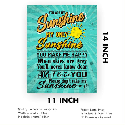 You Are My Sunshine Fun Beach Themed Song Art -11 x 14" Rustic Sun Print w/Distressed Wood Design -Ready to Frame. Perfect Home-Nursery-Beach House-Ocean Theme Decor! Printed on Photo Paper.