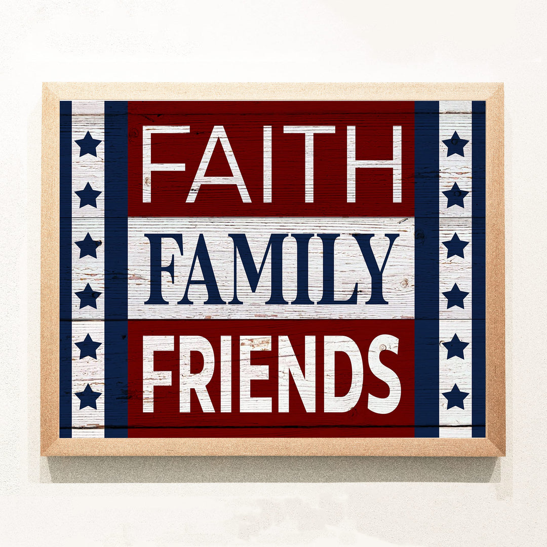 Faith-Family-Friends-Patriotic American Flag Print-14x11" Motivational Farmhouse Poster Print-Ready to Frame. Inspirational Home-Office-Christian-Welcome Decor. Great Gift! Printed on Photo Paper.