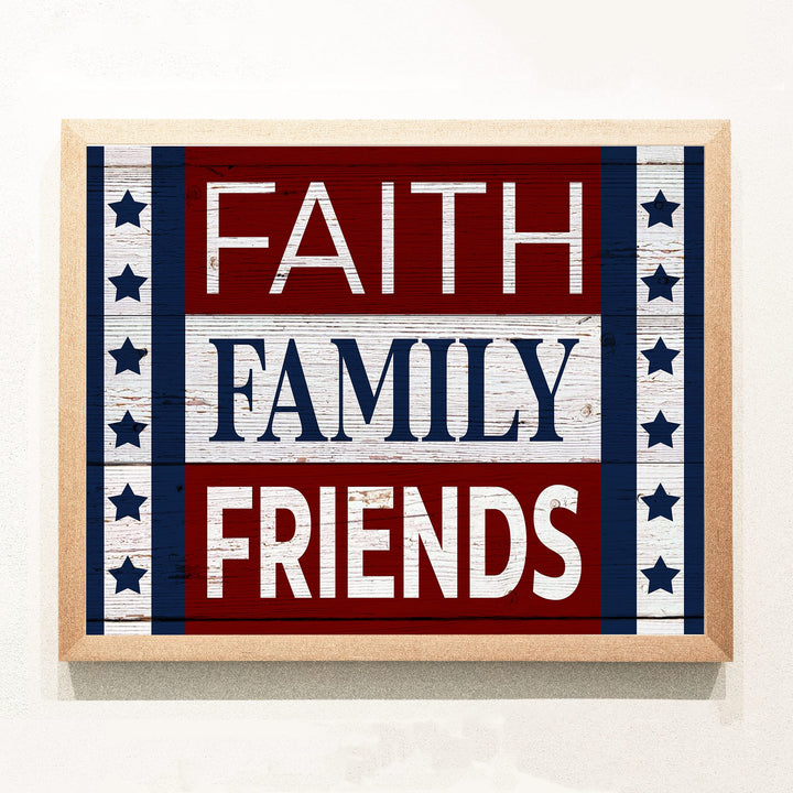 Faith-Family-Friends-Patriotic American Flag Print-14x11" Motivational Farmhouse Poster Print-Ready to Frame. Inspirational Home-Office-Christian-Welcome Decor. Great Gift! Printed on Photo Paper.