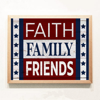 Faith-Family-Friends-Patriotic American Flag Print-14x11" Motivational Farmhouse Poster Print-Ready to Frame. Inspirational Home-Office-Christian-Welcome Decor. Great Gift! Printed on Photo Paper.