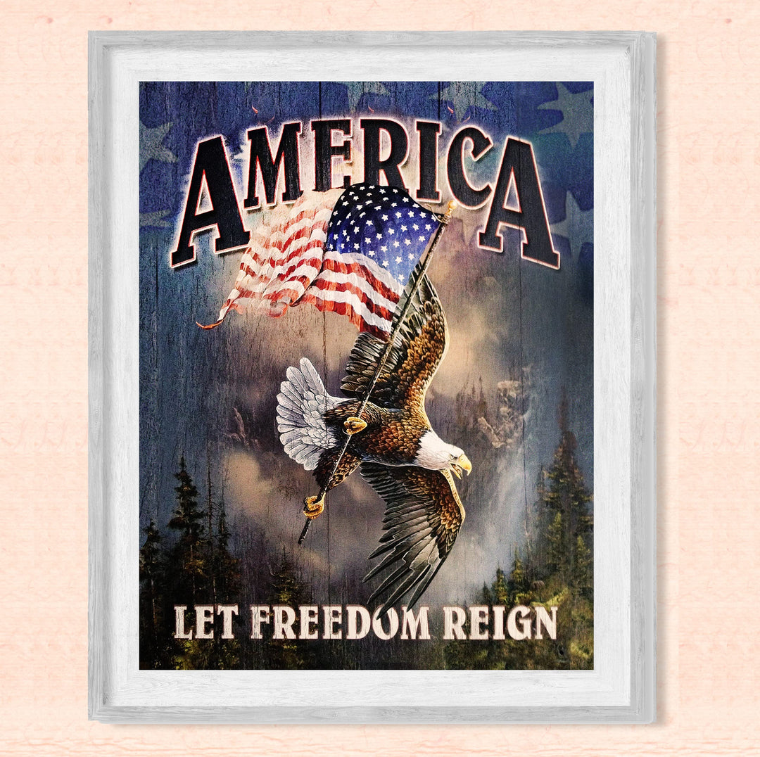 America-Let Freedom Reign-Rustic American Flag Wall Art -8 x 10" Patriotic USA Eagle Print -Ready to Frame. Home-Office-School-Bar-Cave Decor! Great Gift for Military-Veterans &amp; All Patriots!