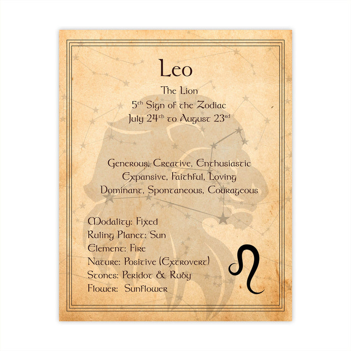 Leo-The Lion- Zodiac Sign Wall Art. 8 x 10" Print Wall Print-Ready to Frame. Constellation Design-Astrology Decor for Home-Office-Bedroom. Horoscope&