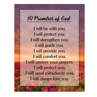 10 Promises of God Motivational Christian Wall Art -11 x 14" Floral Sunrise Print-Ready to Frame. Typographic Design. Inspirational Home-Office-Church-School Decor. Great Religious Gift of Faith!