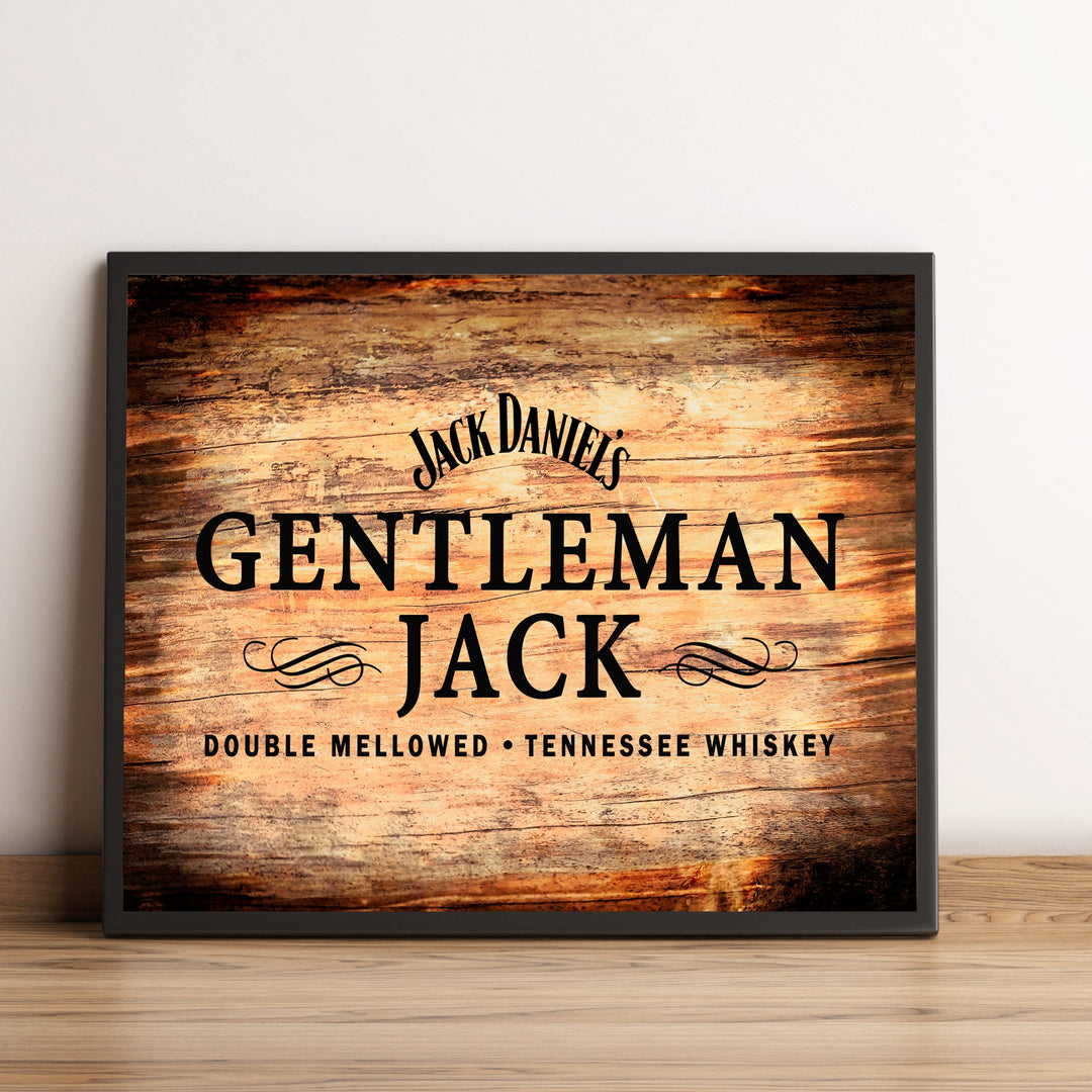 "Gentleman Jack"- Tennessee Bourbon Whiskey Wall Art - Rustic Wood Design Alcohol Print -Ready to Frame. Home-Kitchen-Bar-Man Cave Decor. Great Gift for All Liquor Drinkers!